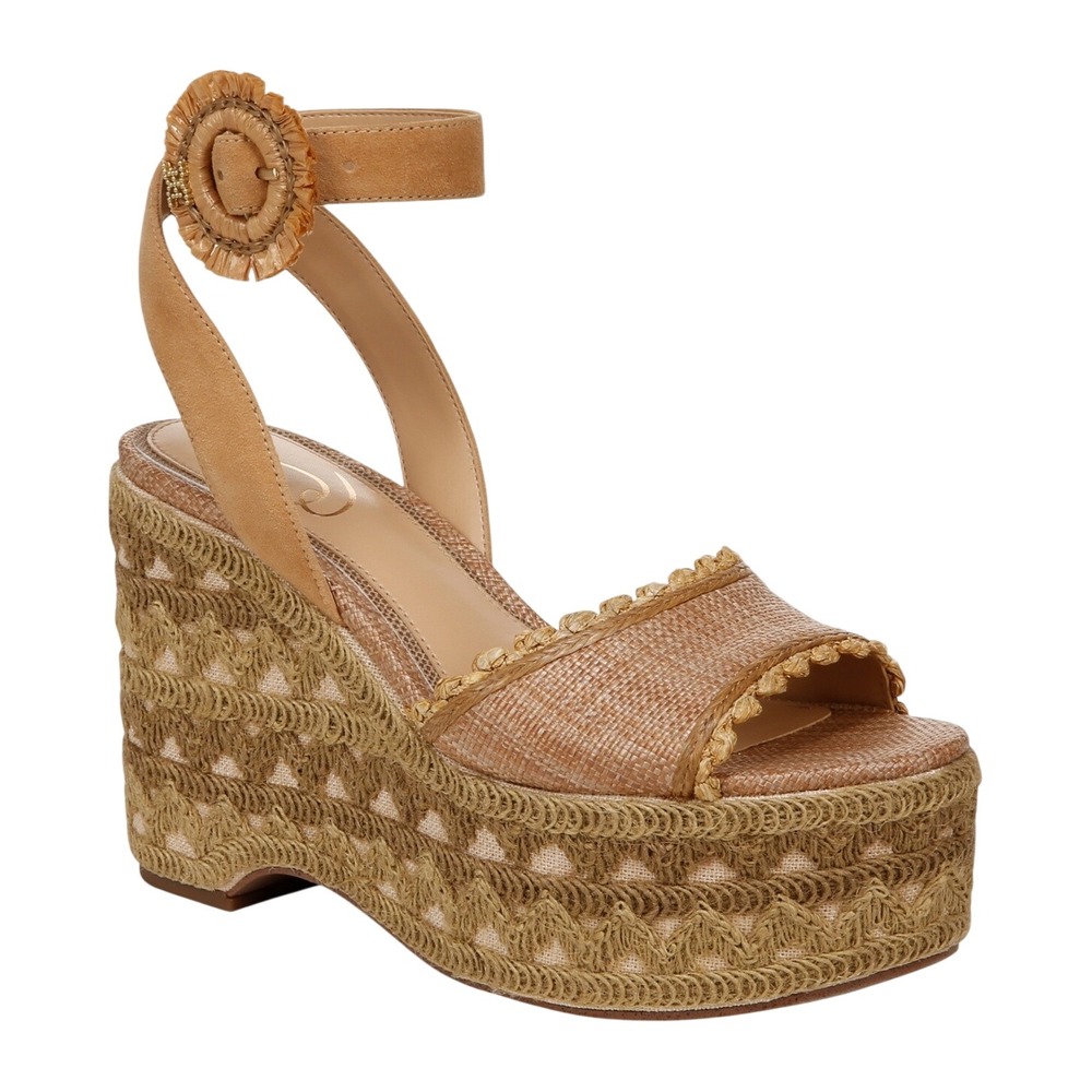Sam Edelman Women Tan Raffia Platform Wedge Sandals Scalloped Ankle Strap Buckle